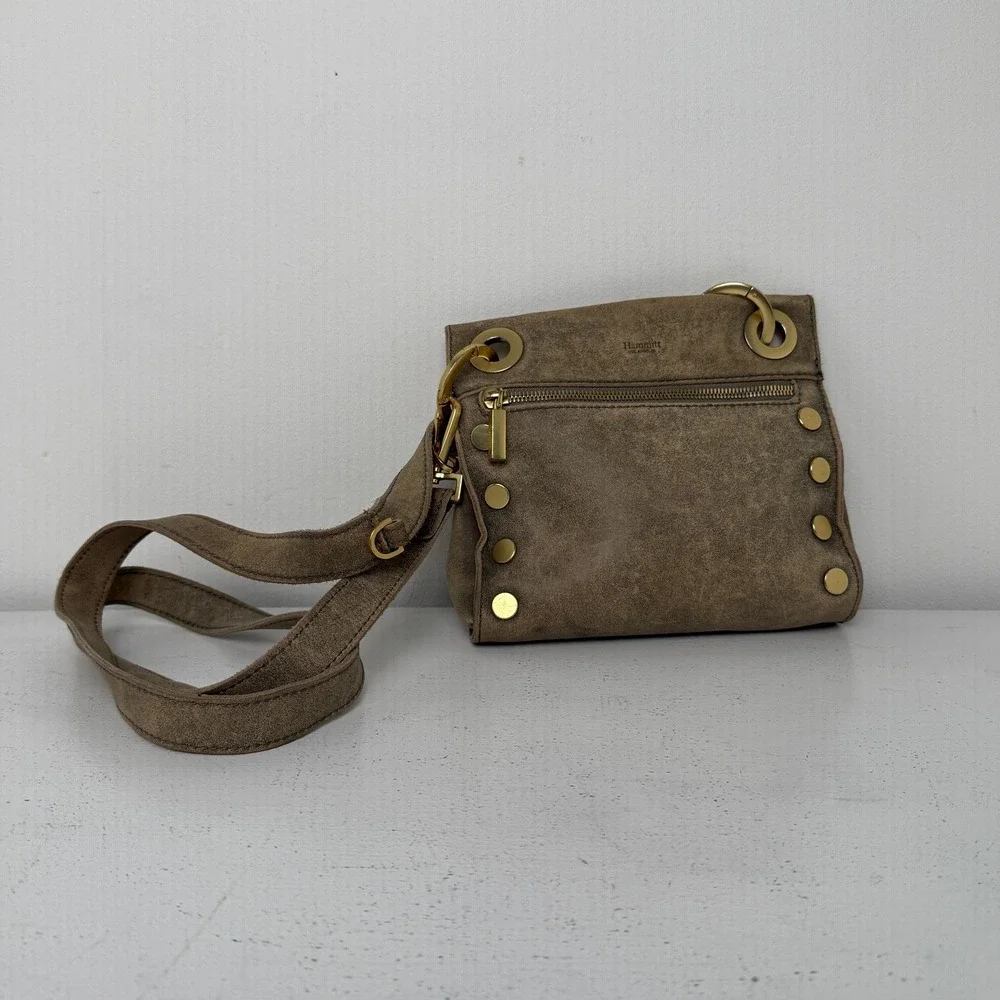 Hammitt Tony Small Crossbody Bag Pewter Leather‎ Brushed Gold Rivet Detail